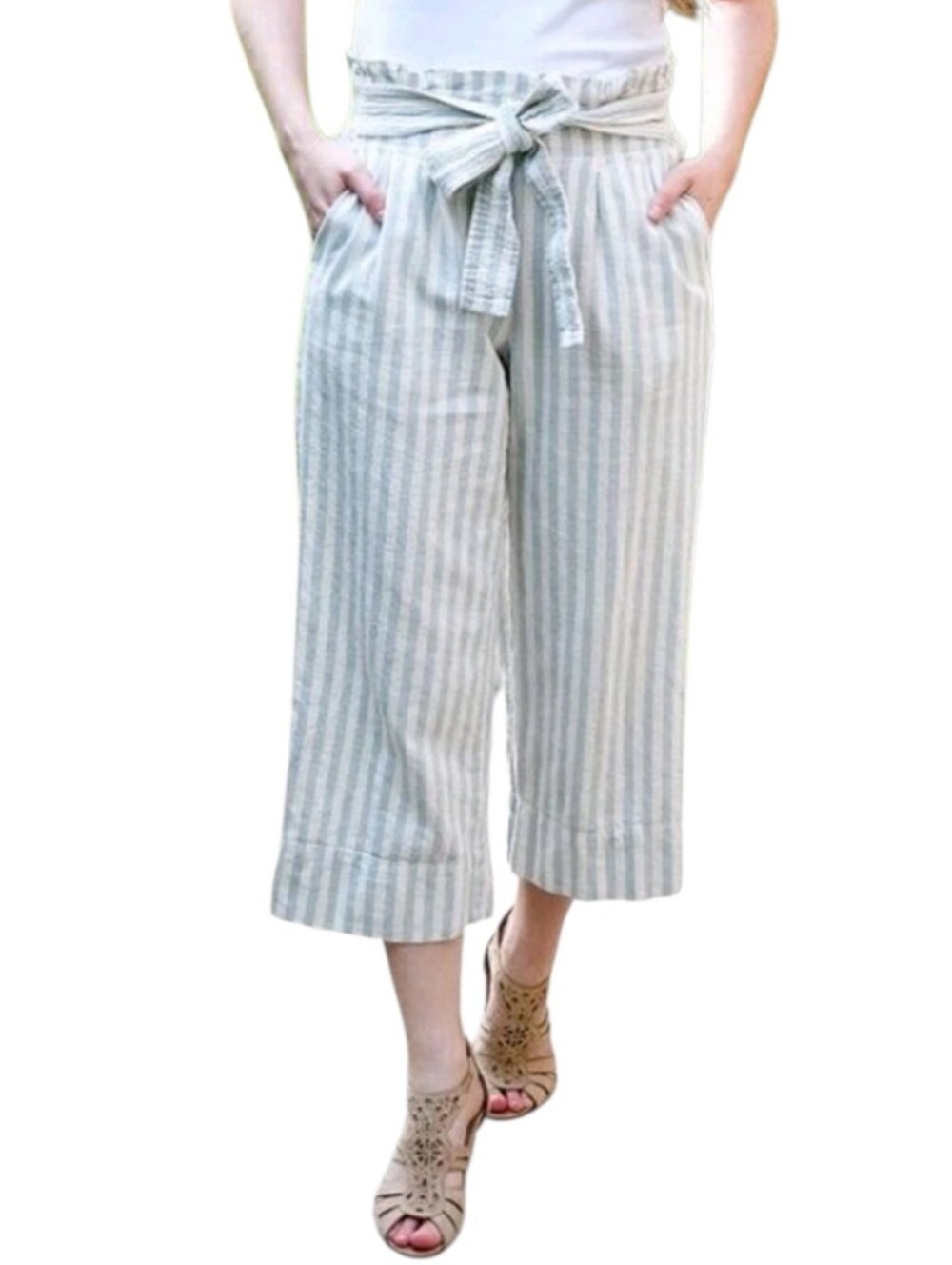 Madewell Light Blue & White Striped Wide-Leg Tie-Waist Cropped Pants